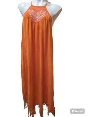 Crochet Halter Fringe Maxi Dress in Bright Orange